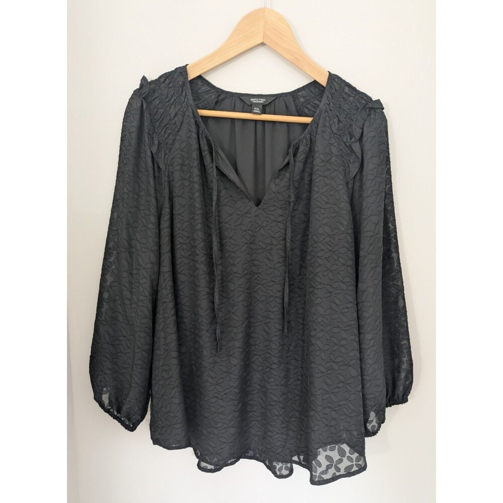 WMNs XXL Black Sheer Floral Peasant Whimsigoth Tie Neck Blouse Long Sleeve Lined